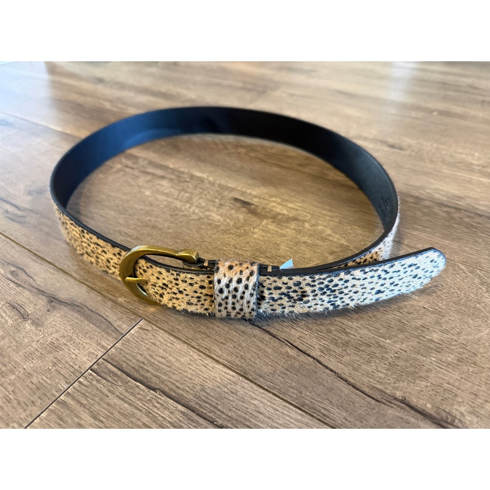 Cheetah Print Faux Calf Hair Skinny Belt Gold Buckle Tan Black Size Large